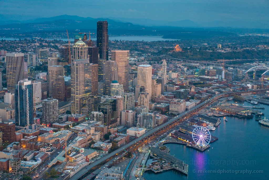 Helicopter Photography Seattle Skyline and Great Wheel